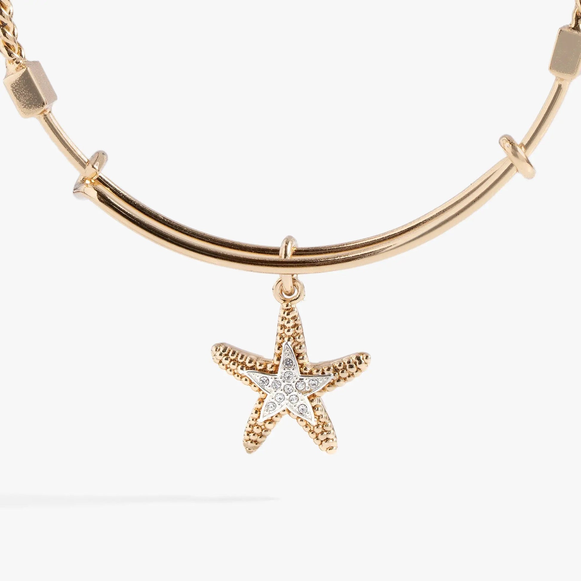 Textured Starfish Charm Bangle by ALEX AND ANI, gold-tone bracelet with crystal starfish pendant on Tampa Home & Garden Store