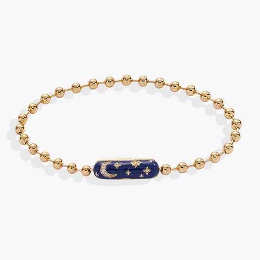 Starry Night Barrel Closure Bracelet blue enamel centerpiece with moon and star motifs, crystals, gold-tone beads ALEX AND ANI on Tampa Home & Garden Store