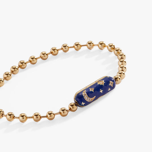 Starry Night Barrel Closure Bracelet by ALEX AND ANI; blue enamel barrel on gold-tone bead chain on Tampa Home & Garden Store