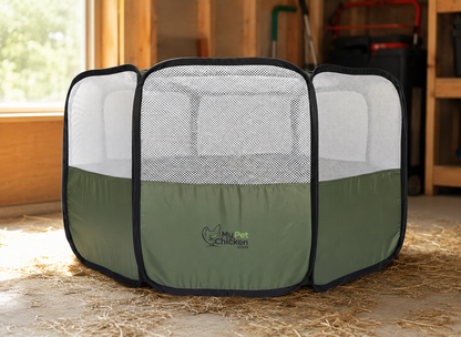 Hen Pen Starter Pop-Up Chick Brooder with green panels and white mesh, My Pet Chicken logo on Tampa Home & Garden Store