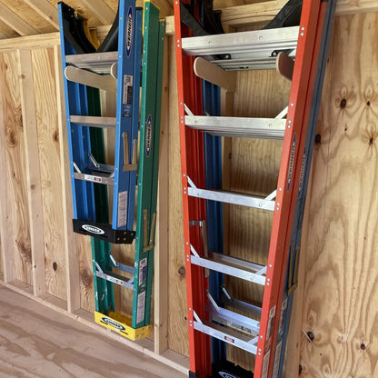 Deluxe tool rack organizer in blue and red metal frames with aluminum rungs on shed wall on Tampa Home & Garden Store