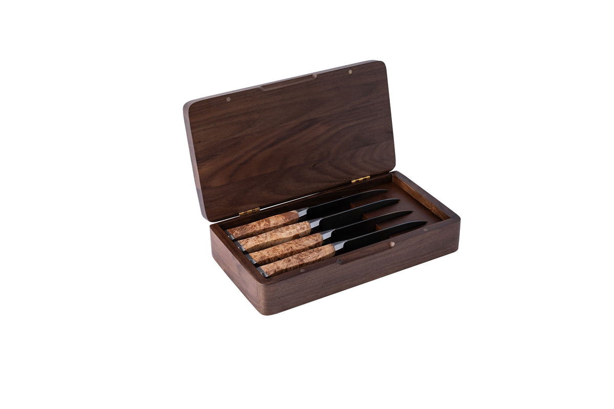 STEELPORT Steak Knife Set in wooden storage box with burl wood handles and black blades on Tampa Home & Garden Store