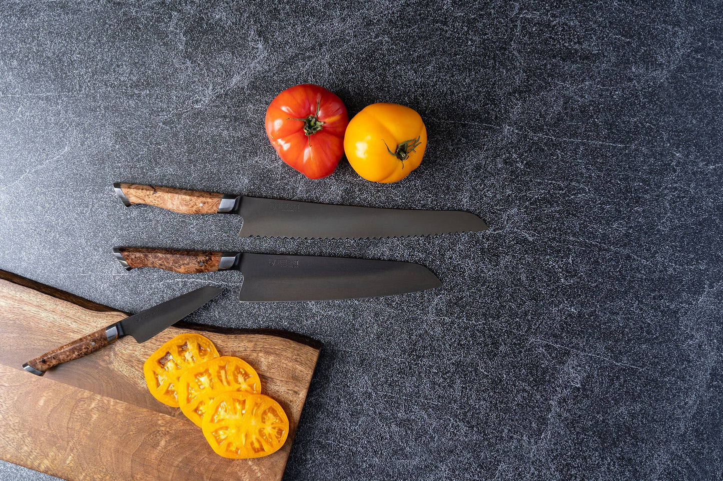 3-Piece Essential Set kitchen knives STEELPORT Knife Co. with wood handles and black blades on Tampa Home & Garden Store