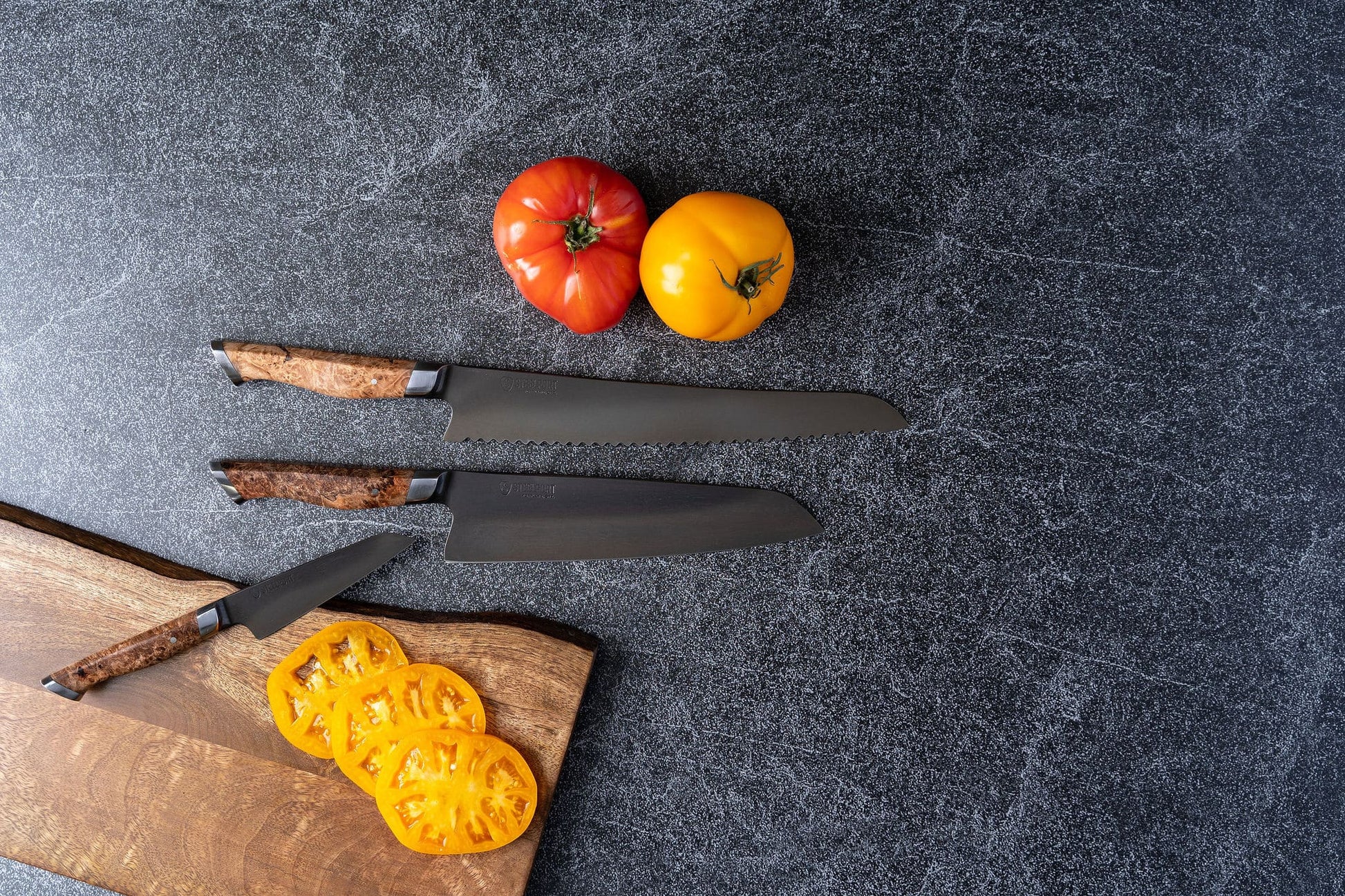 3-Piece Essential Set kitchen knives STEELPORT Knife Co. with wood handles and black blades on Tampa Home & Garden Store