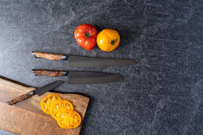 3-Piece Essential Set kitchen knives STEELPORT Knife Co. with wood handles and black blades on Tampa Home & Garden Store