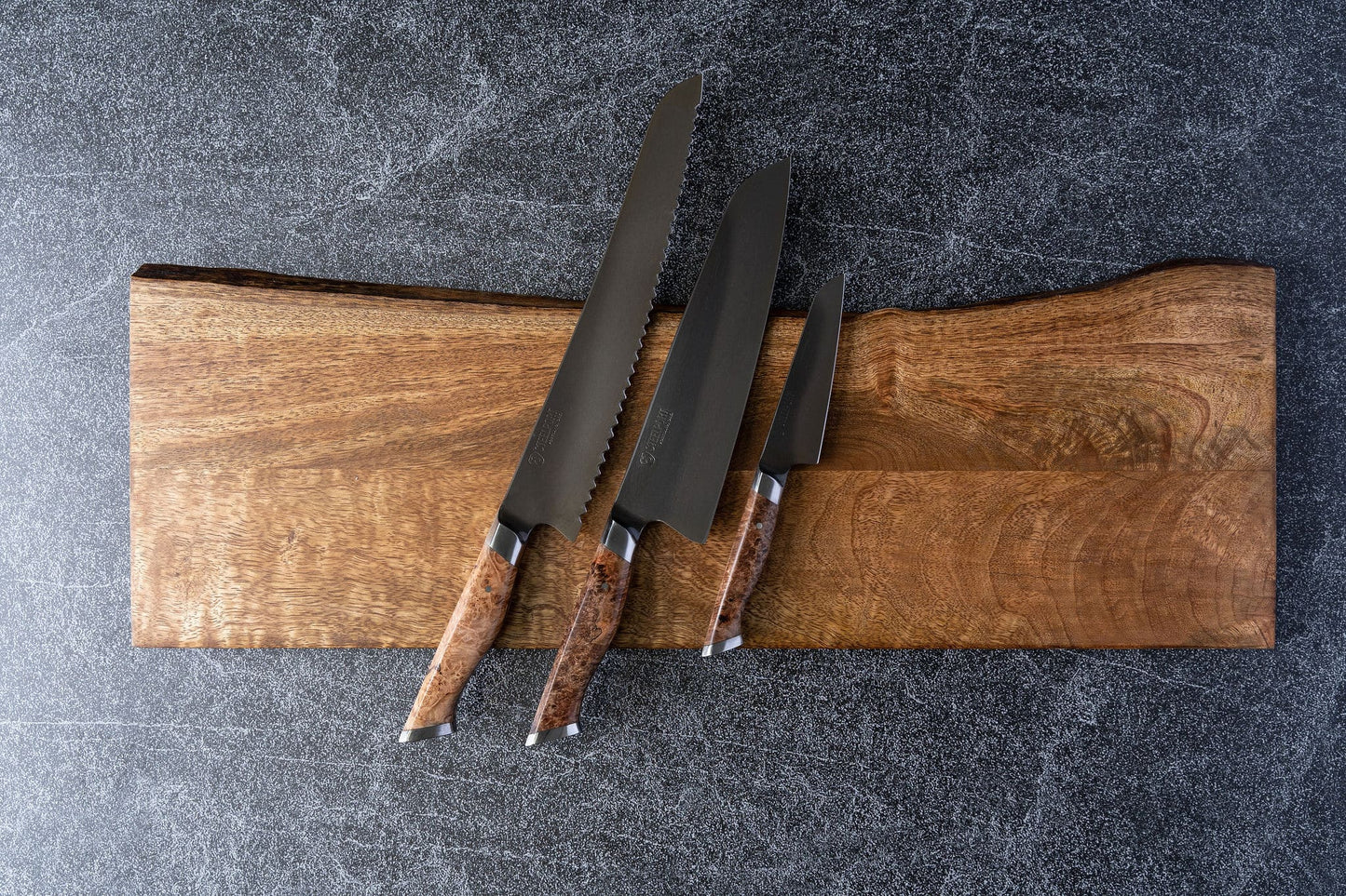 3-Piece Essential Set kitchen knives by STEELPORT Knife Co. with dark blades & wood handles on Tampa Home & Garden Store