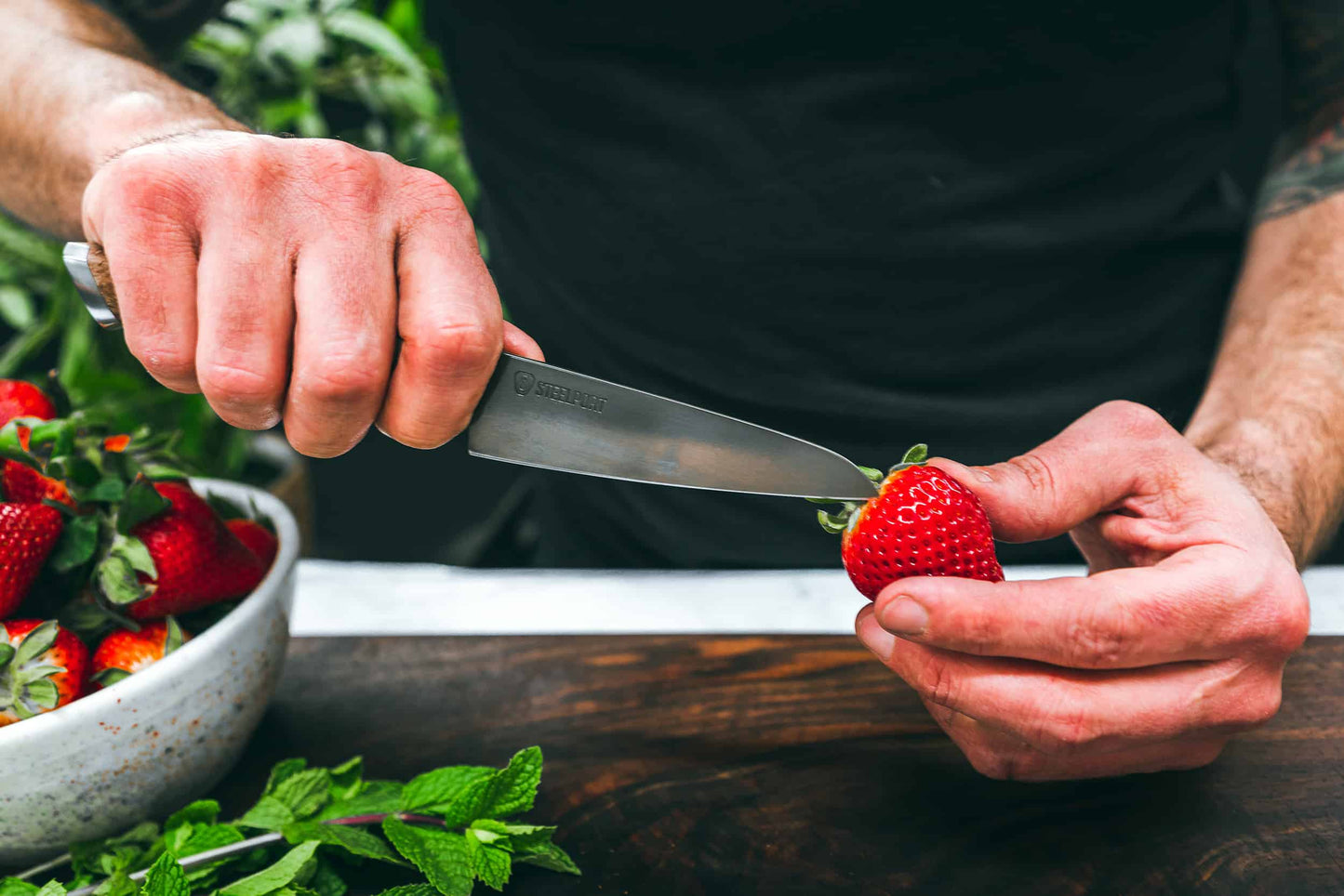 4 inch paring knife by STEELPORT Knife Co. stainless steel blade slicing strawberries on Tampa Home & Garden Store