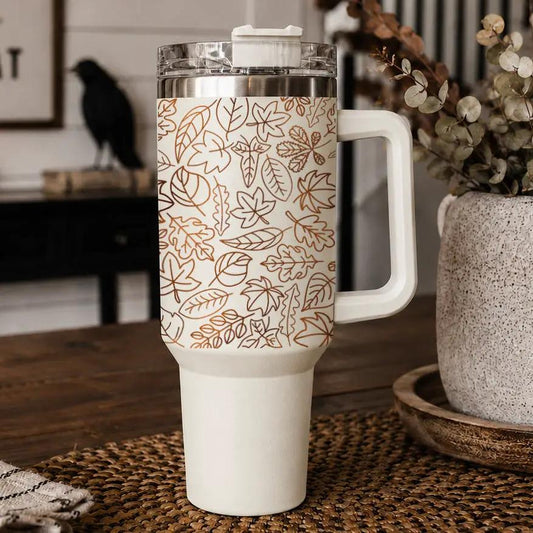 Timeless Fall 40oz travel mug Gia Roma copper leaf pattern cream body with white handle on Tampa Home & Garden Store