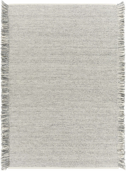 Stenhousemuir Luxe Handmade Rug in gray cream with woven texture and fringe Boutique Rugs on Tampa Home & Garden Store