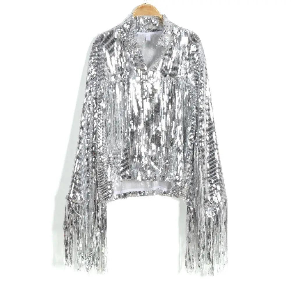 Stevvex silver sequin tassel jacket with long fringe sleeves cropped metallic outwear on Tampa Home & Garden Store