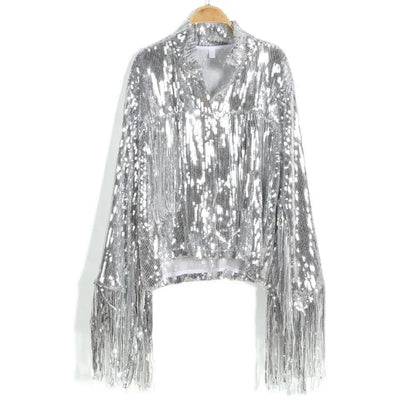 Stevvex silver sequin tassel jacket with long fringe sleeves cropped metallic outwear on Tampa Home & Garden Store