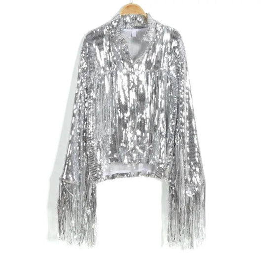 Stevvex silver sequin tassel jacket with long fringe sleeves cropped metallic outwear on Tampa Home & Garden Store