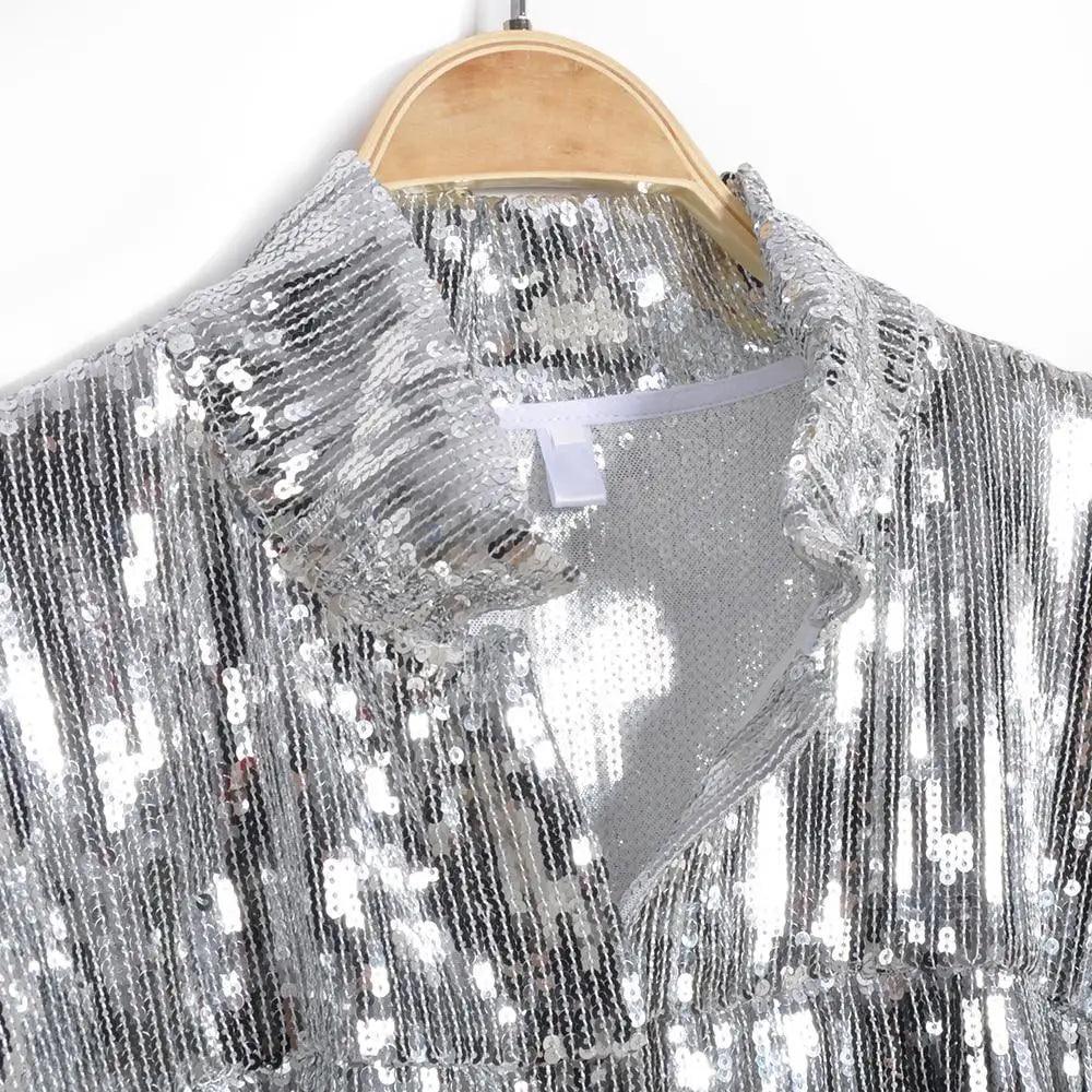 Stevvex silver sequin jacket for women, long-sleeved, reflective outerwear on Tampa Home & Garden Store