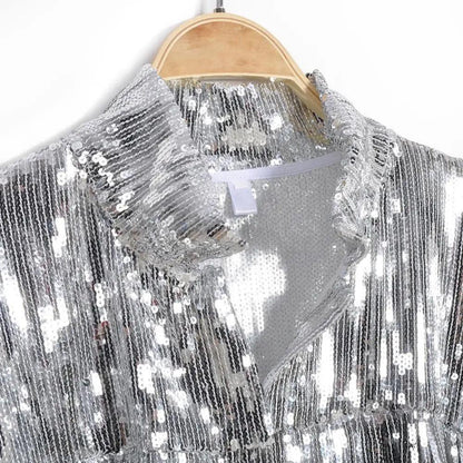 Stevvex silver sequin jacket for women, long-sleeved, reflective outerwear on Tampa Home & Garden Store