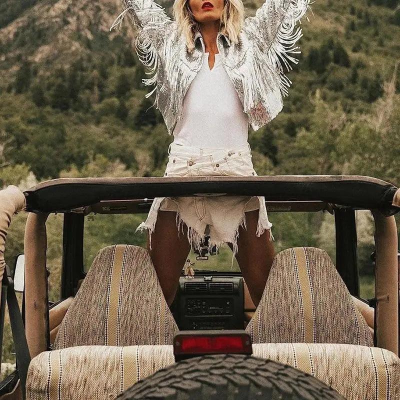 Stevvex silver tassel sequin jacket, metallic fringe outerwear worn by model on Tampa Home & Garden Store