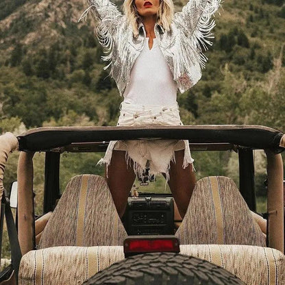Stevvex silver tassel sequin jacket, metallic fringe outerwear worn by model on Tampa Home & Garden Store