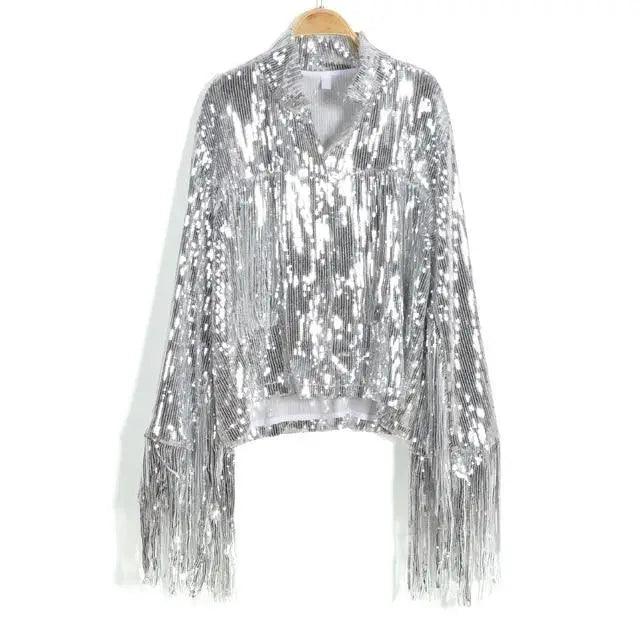 Sterlling tassel sequin jacket Stevvex silver cropped long sleeves fringe Coats & Jackets on Tampa Home & Garden Store