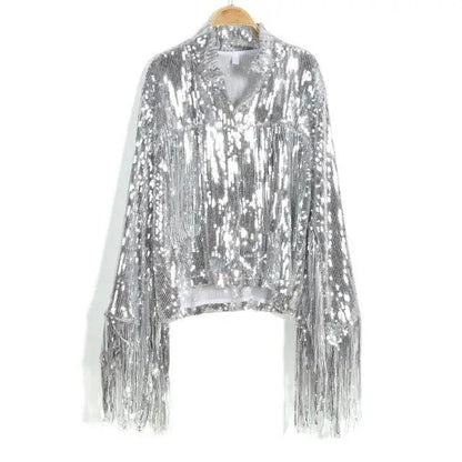 Sterlling tassel sequin jacket Stevvex silver cropped long sleeves fringe Coats & Jackets on Tampa Home & Garden Store