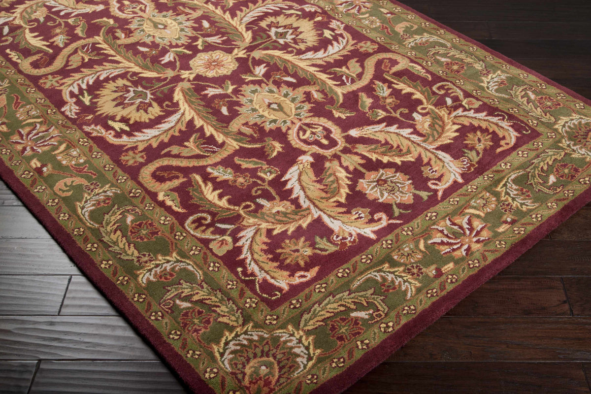 Steuben Premium Wool Area Carpet burgundy with olive border floral motif Boutique Rugs on Tampa Home & Garden Store