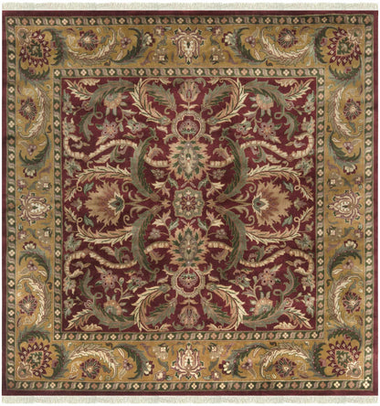 Steuben Premium Wool Area Rug burgundy center with gold-green border and fringed edges on Tampa Home & Garden Store