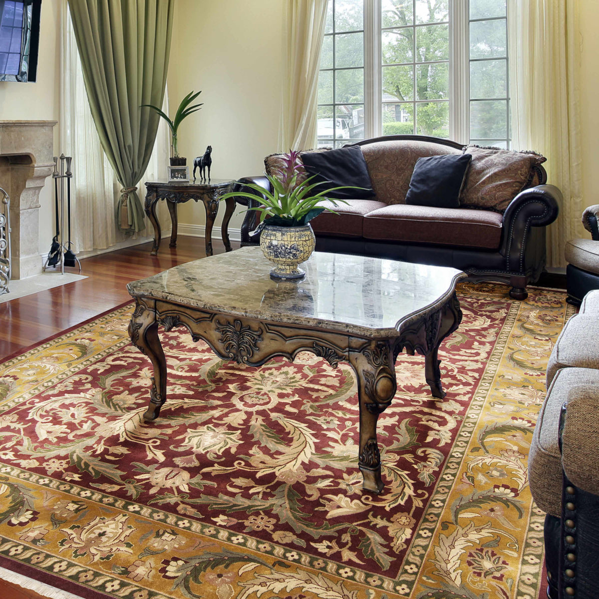 Steuben Premium Wool Area Carpet in burgundy with ornate gold floral border on Tampa Home & Garden Store