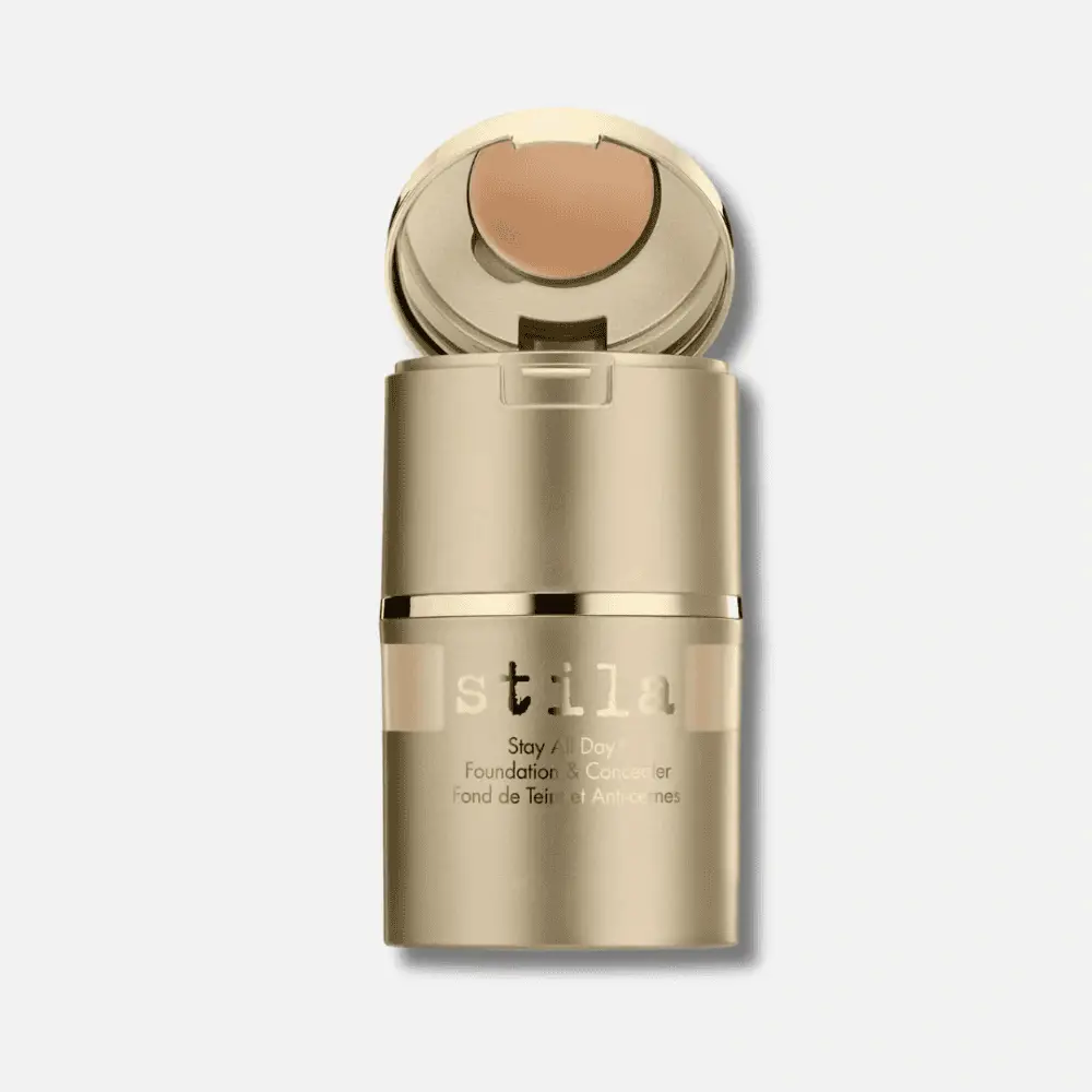 Stila Stay All Day Foundation & Concealer bottle in gold with open lid showing beige foundation on Tampa Home & Garden Store