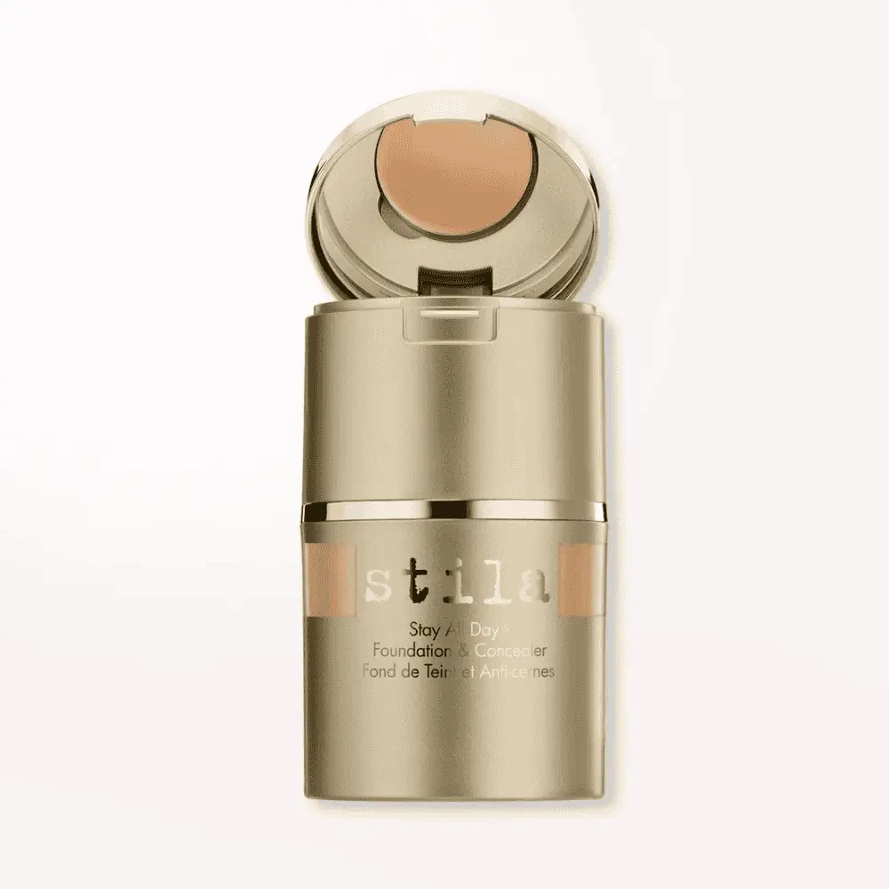 Stila Stay All Day Foundation & Concealer bottle in gold metal with beige shade in open lid on Tampa Home & Garden Store