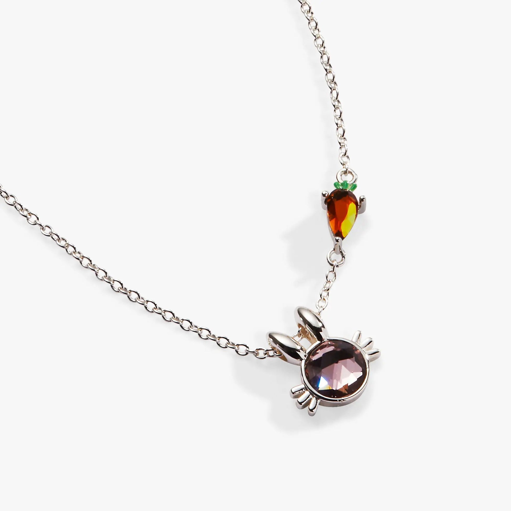 Crystal bunny pendant necklace with purple gemstone and green leaf accent on Tampa Home & Garden Store