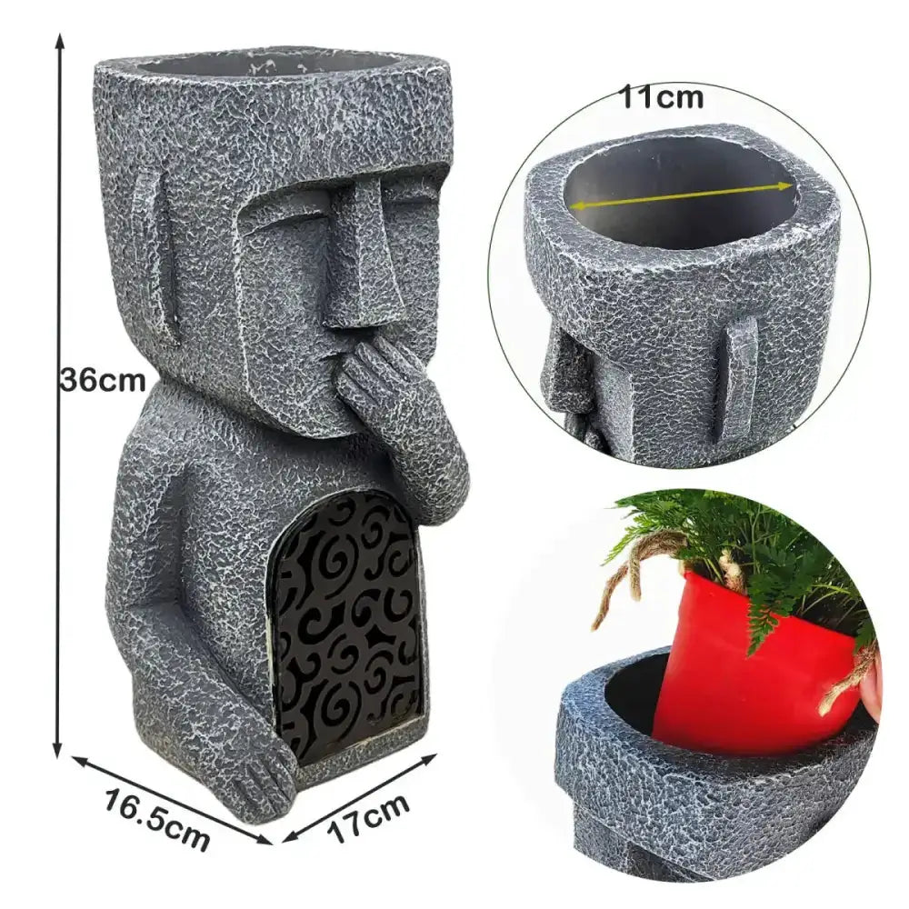 Stone gray moai planter statue with 11 cm top opening; rough texture, 36 cm tall Decorbites on Tampa Home & Garden Store