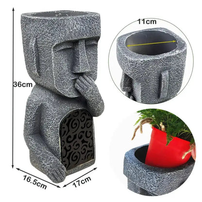 Stone gray moai planter statue with 11 cm top opening; rough texture, 36 cm tall Decorbites on Tampa Home & Garden Store
