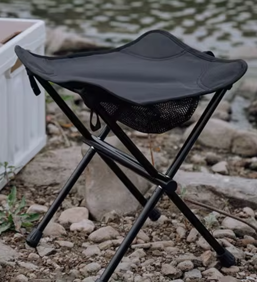 Foldable camping stool by River Country Gear, black fabric seat, X-frame, under-seat mesh on Tampa Home & Garden Store