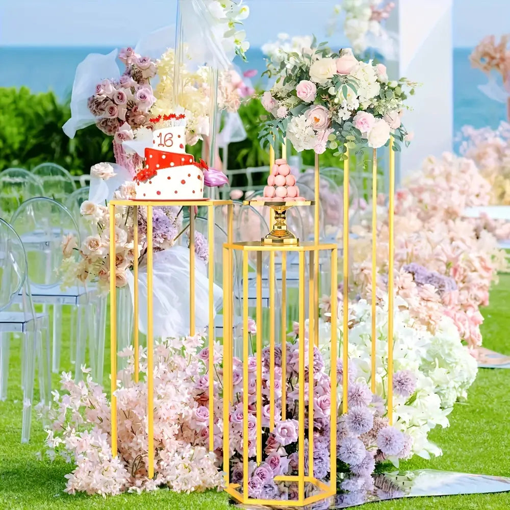 Gold Hexagonal Vase Set by Decorbites; gold geometric stands with soft pastel blooms on Tampa Home & Garden Store