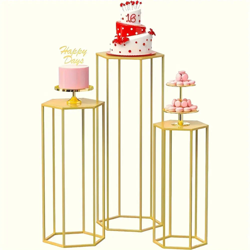 Gold hexagonal vase set of three on tall slender stands, geometric metal decor on Tampa Home & Garden Store