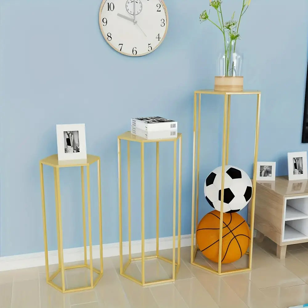 Gold Hexagonal Vase Set on three slim gold stands with vase, book, photo frame Decorbites on Tampa Home & Garden Store