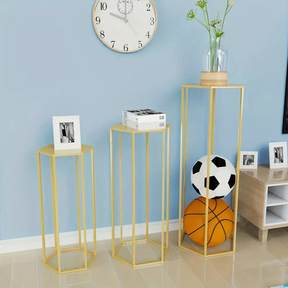 Gold Hexagonal Vase Set on three slim gold stands with vase, book, photo frame Decorbites on Tampa Home & Garden Store