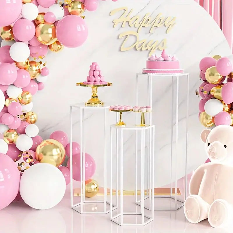 Gold Hexagonal Vase Set on white geometric stands set of three with cake Decorbites on Tampa Home & Garden Store