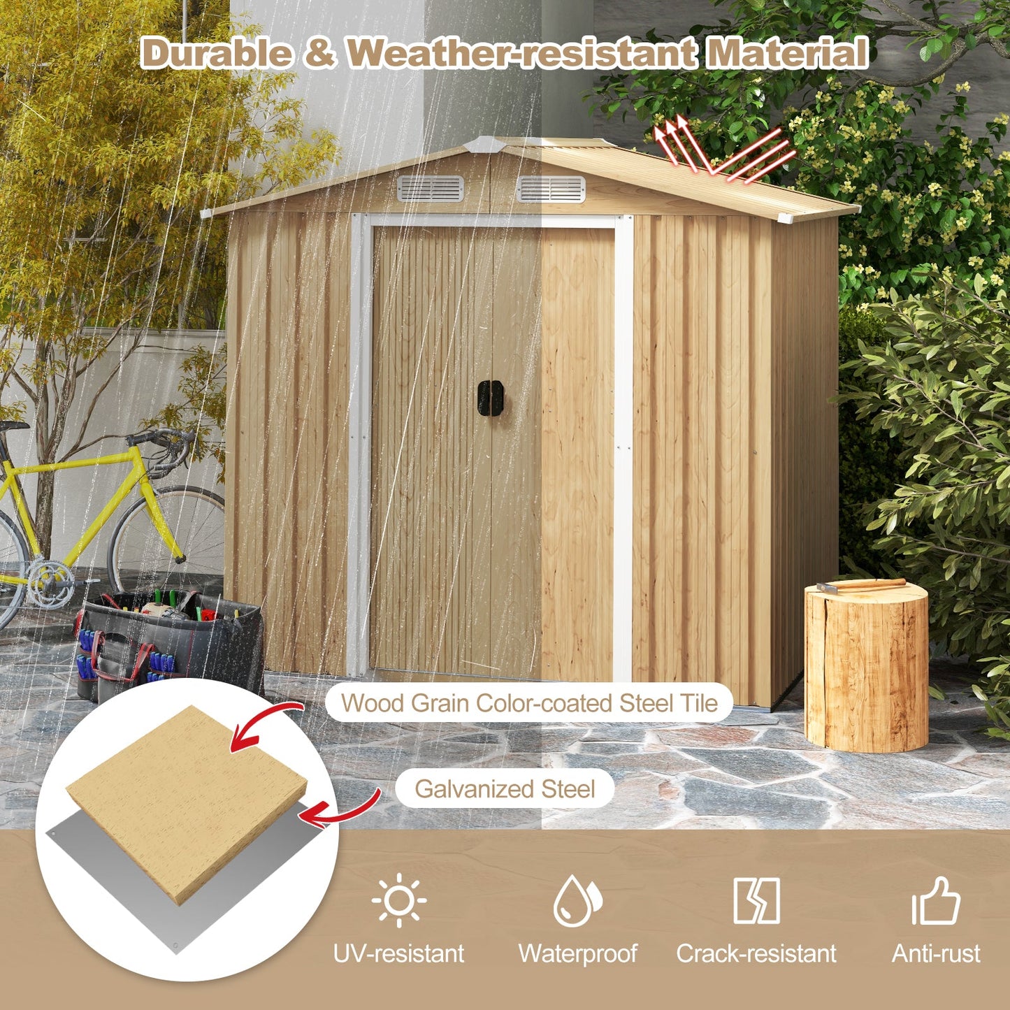 Casetas de almacenamiento de acero galvanizado de 6 x 4 pies con puertas correderas con cerradura - Natural