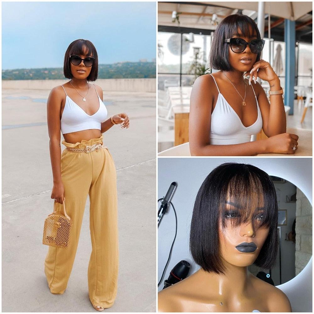 Stevvex straight bob wig with bangs, 3-view, human hair, Brazilian straight fringe, black on Tampa Home & Garden Store