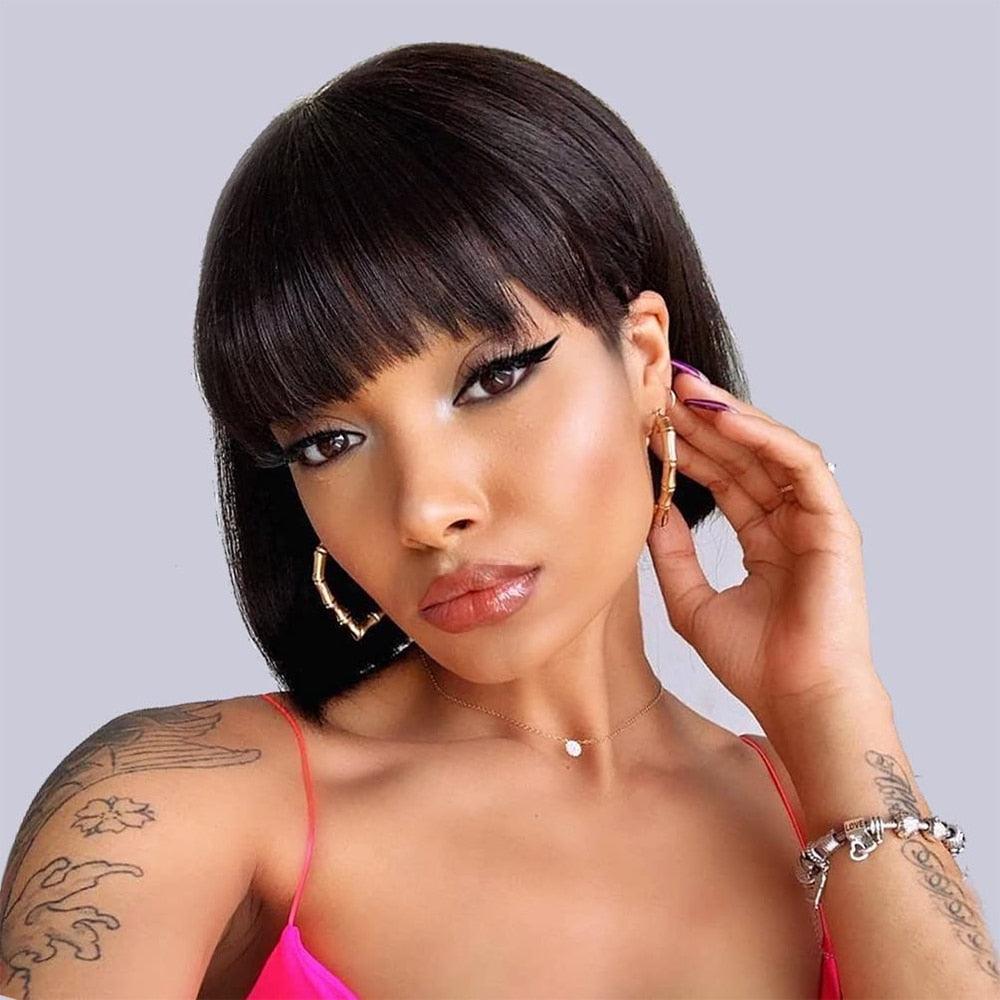 Straight bob wig with bangs, Stevvex black human hair, Brazilian straight fringe for women on Tampa Home & Garden Store