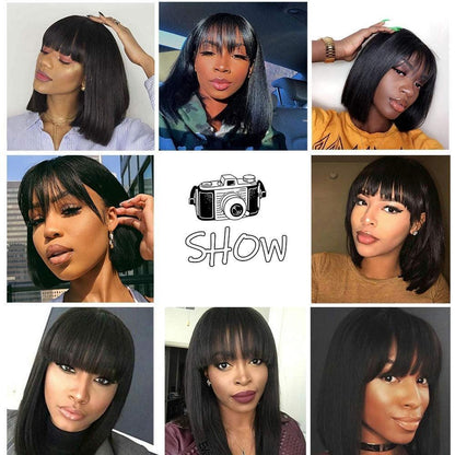 Stevvex straight bob wig with bangs, black human-hair short bob with fringe, nine views on Tampa Home & Garden Store