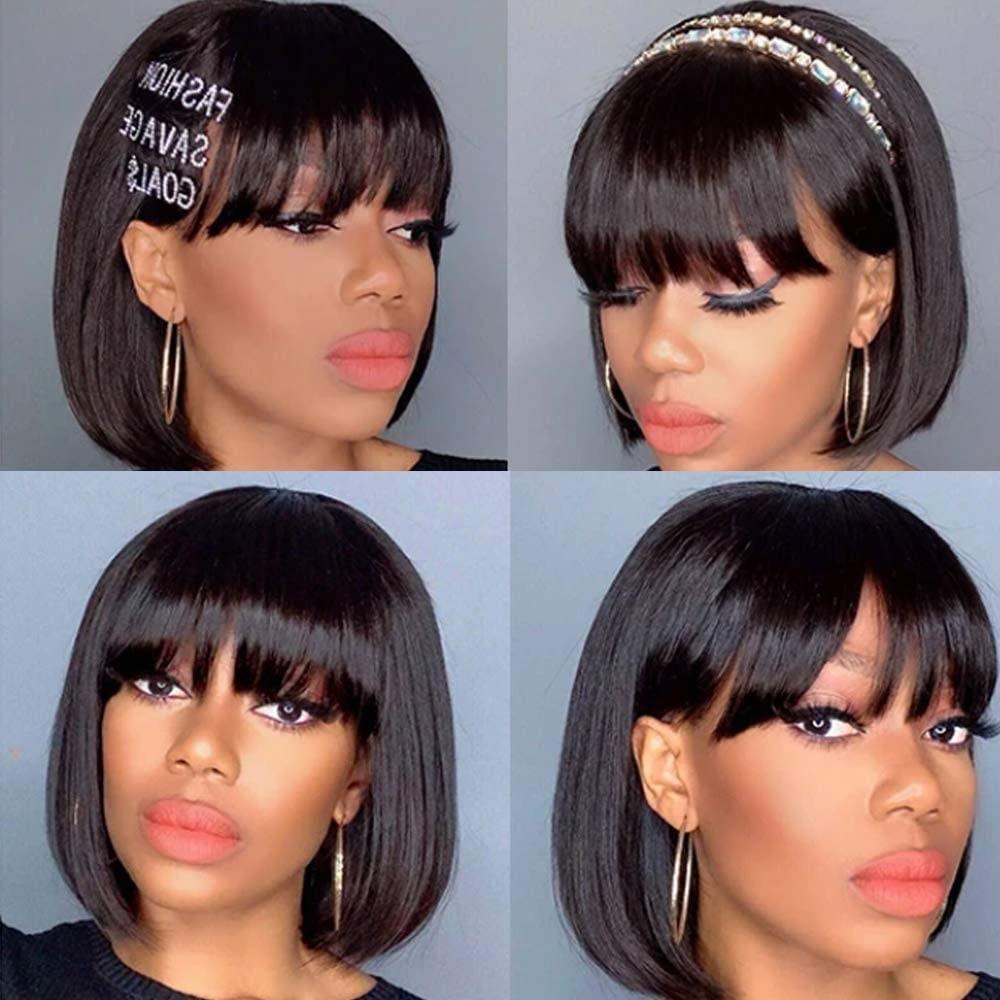 Stevvex straight bob human hair wig with bangs, black fringe bob, four-view collage on Tampa Home & Garden Store