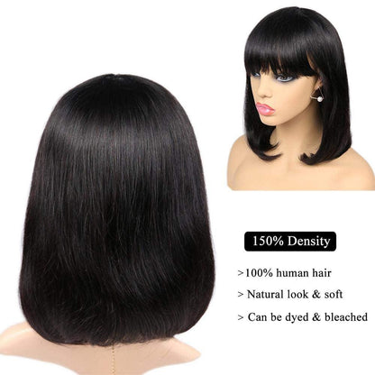 Stevvex straight bob wig with bangs, black Brazilian human hair, 150% density for women on Tampa Home & Garden Store