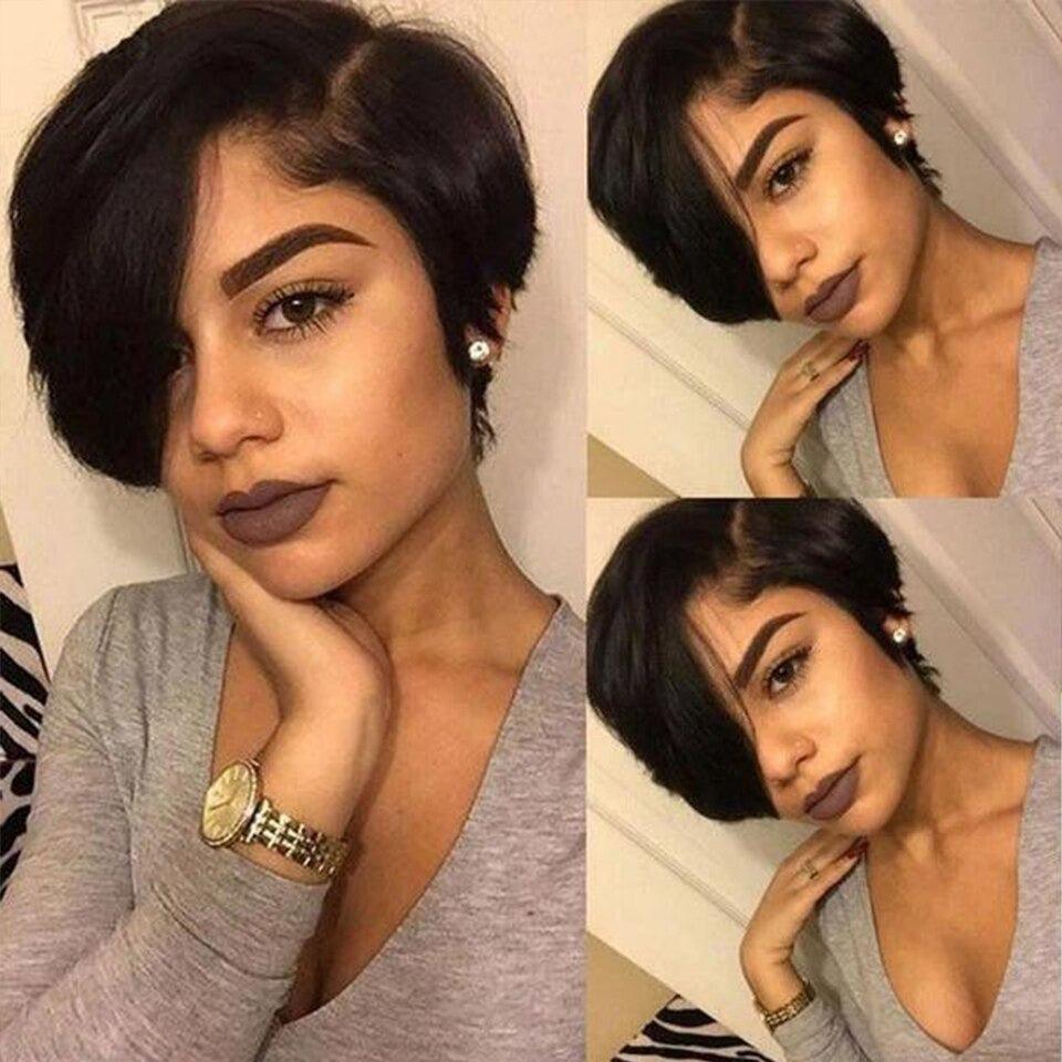 Stevvex black straight pixie cut wig with side part lace front human hair bob wig on Tampa Home & Garden Store