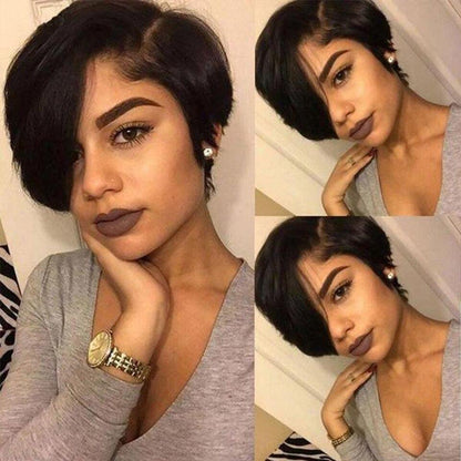 Stevvex black straight pixie cut wig with side part lace front human hair bob wig on Tampa Home & Garden Store