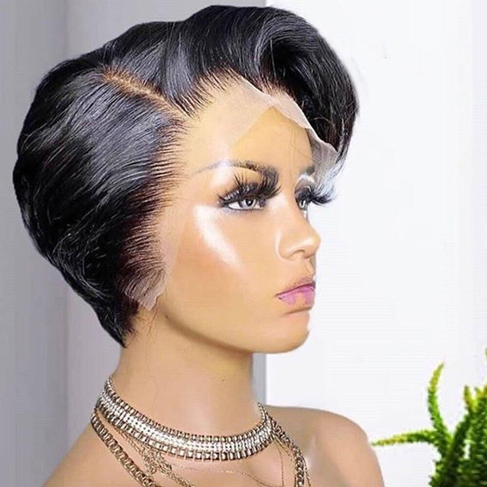 Stevvex straight pixie cut wig with side part, lace front, black human hair, pre-plucked on Tampa Home & Garden Store