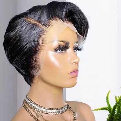 Stevvex straight pixie cut wig with side part, lace front, black human hair, pre-plucked on Tampa Home & Garden Store