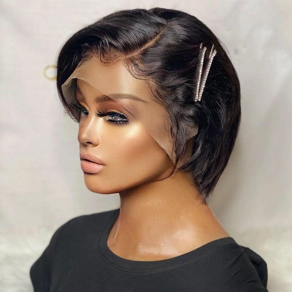 Straight pixie cut wig with side part lace front, black human hair, rhinestone clips, Stevvex on Tampa Home & Garden Store