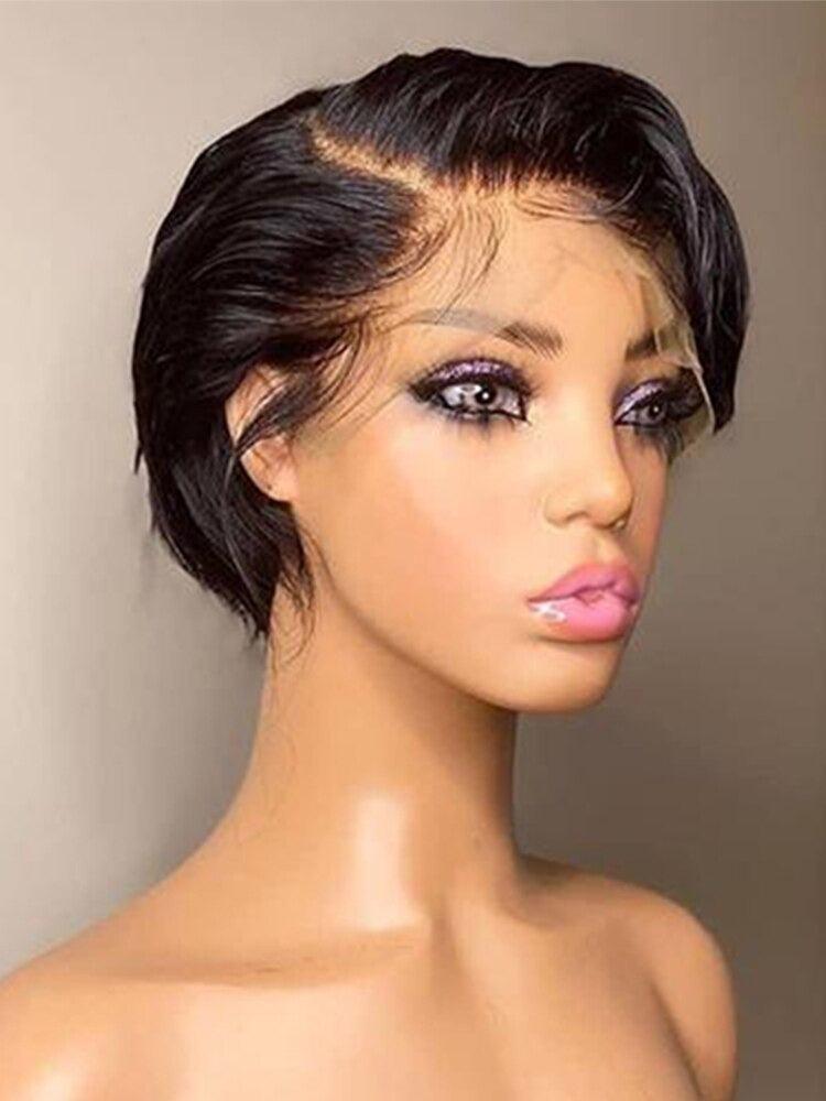 Stevvex straight pixie cut lace-front wig with side part in black human hair on mannequin head on Tampa Home & Garden Store