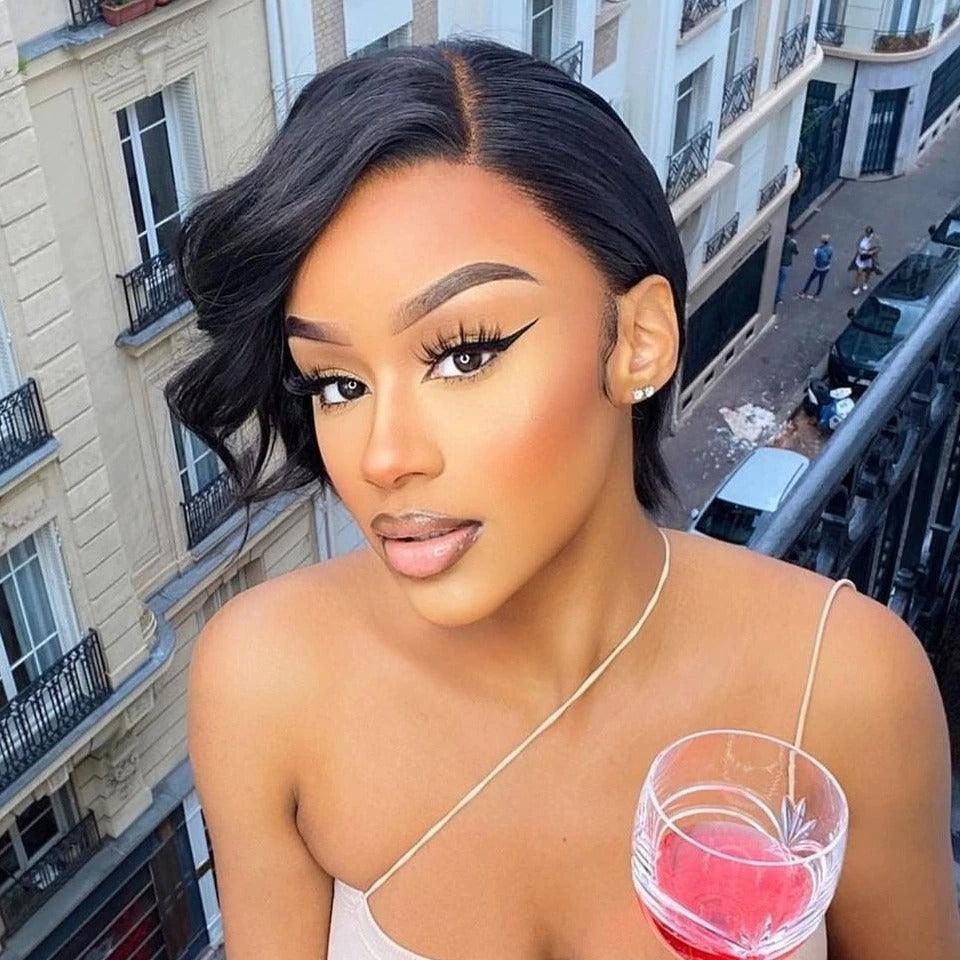 Stevvex straight pixie cut wig with side part lace front in black, human hair on Tampa Home & Garden Store