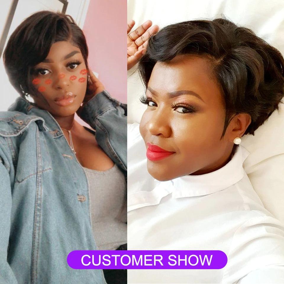 Stevvex Straight Pixie Cut Wig with Lace Front, black human hair, pre-plucked, dual-view on Tampa Home & Garden Store